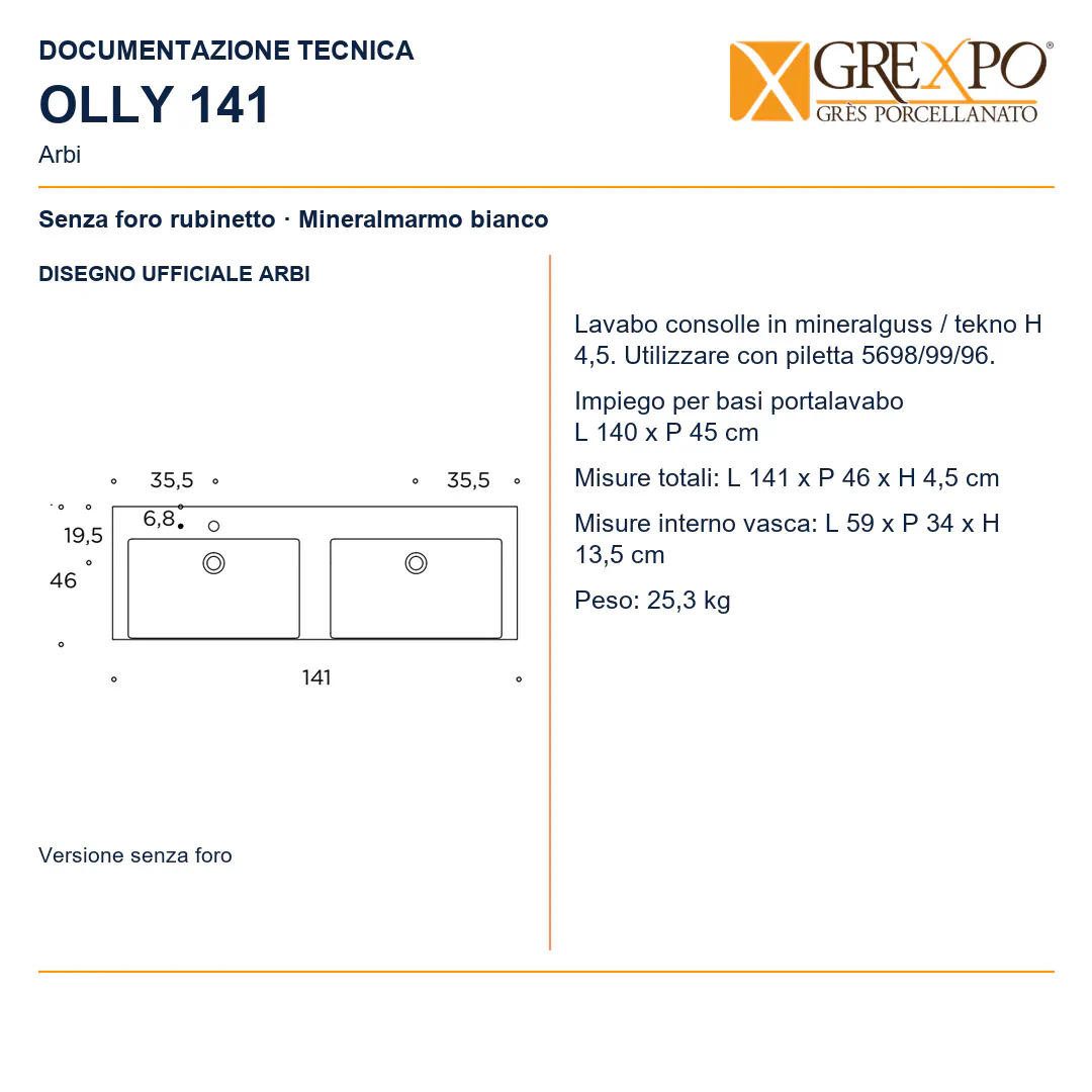 Lavabo consolle in Mineralguss – Arbi Olly 141 – Mineralmarmo Bianco – Senza foro rubinetto - Disegno tecnico ARBI