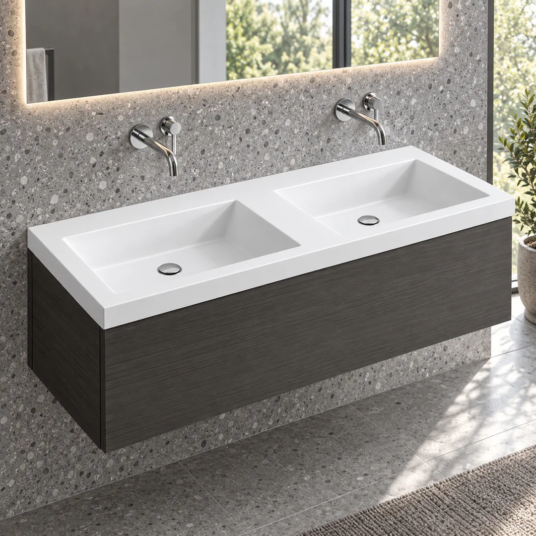 Lavabo consolle in Mineralguss – Arbi Olly 141 – Bianco – Senza foro rubinetto - Ambientata