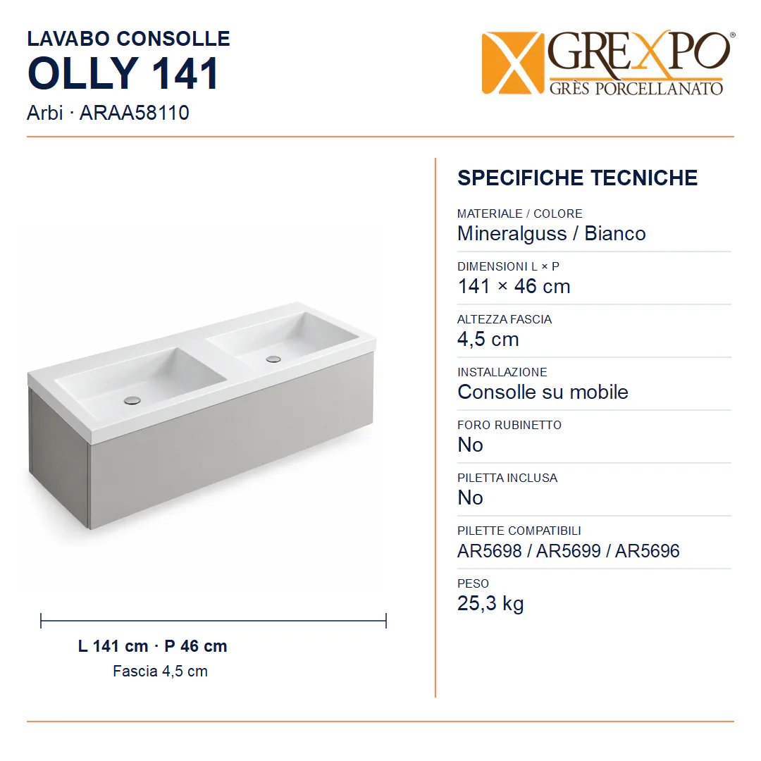 Lavabo consolle in Mineralguss – Arbi Olly 141 – Bianco – Senza foro rubinetto - Misure