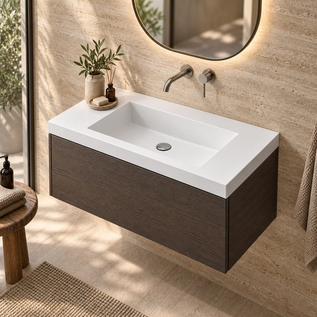 Lavabo consolle in Mineralguss – Arbi Olly 86 – Mineralmarmo Bianco – Senza foro rubinetto - Ambientata