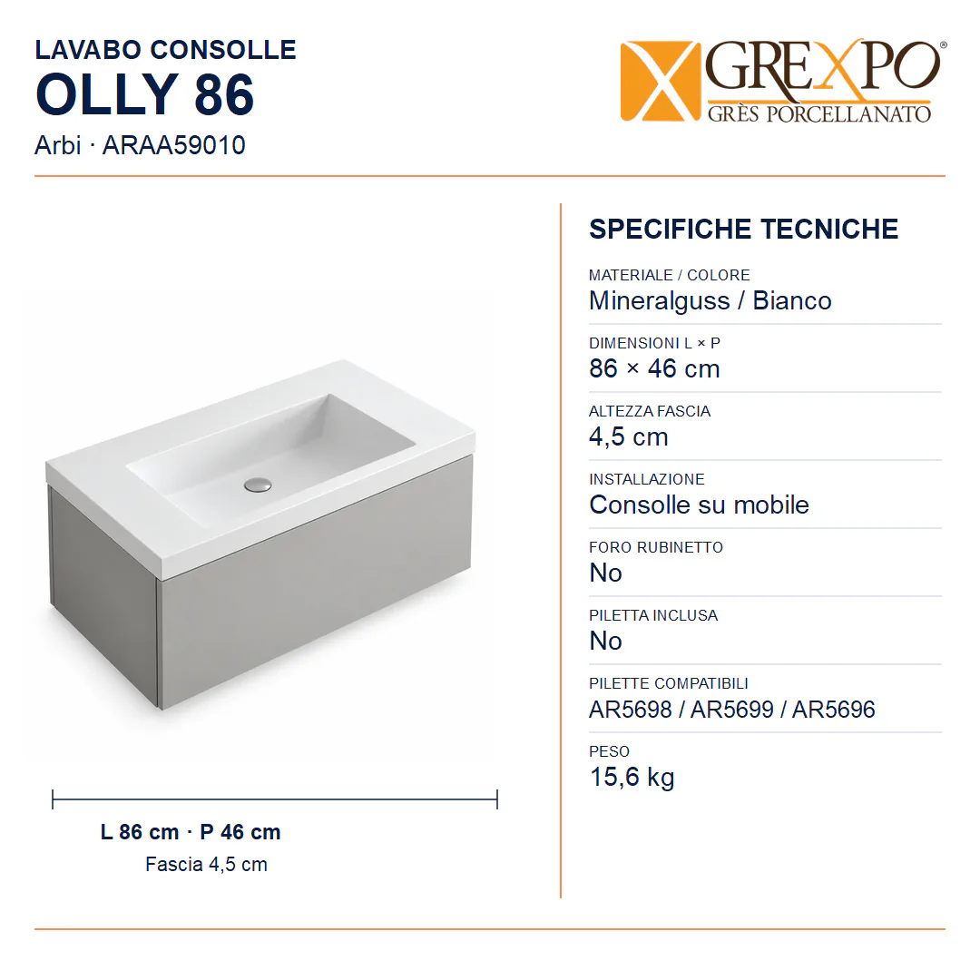 Lavabo consolle in Mineralguss – Arbi Olly 86 – Mineralmarmo Bianco – Senza foro rubinetto - Misure