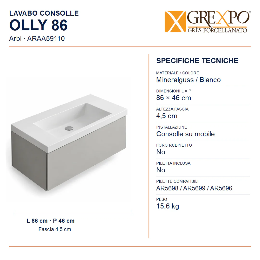 Lavabo consolle in Mineralguss – Arbi Olly 86 – Bianco – Senza foro rubinetto - Misure