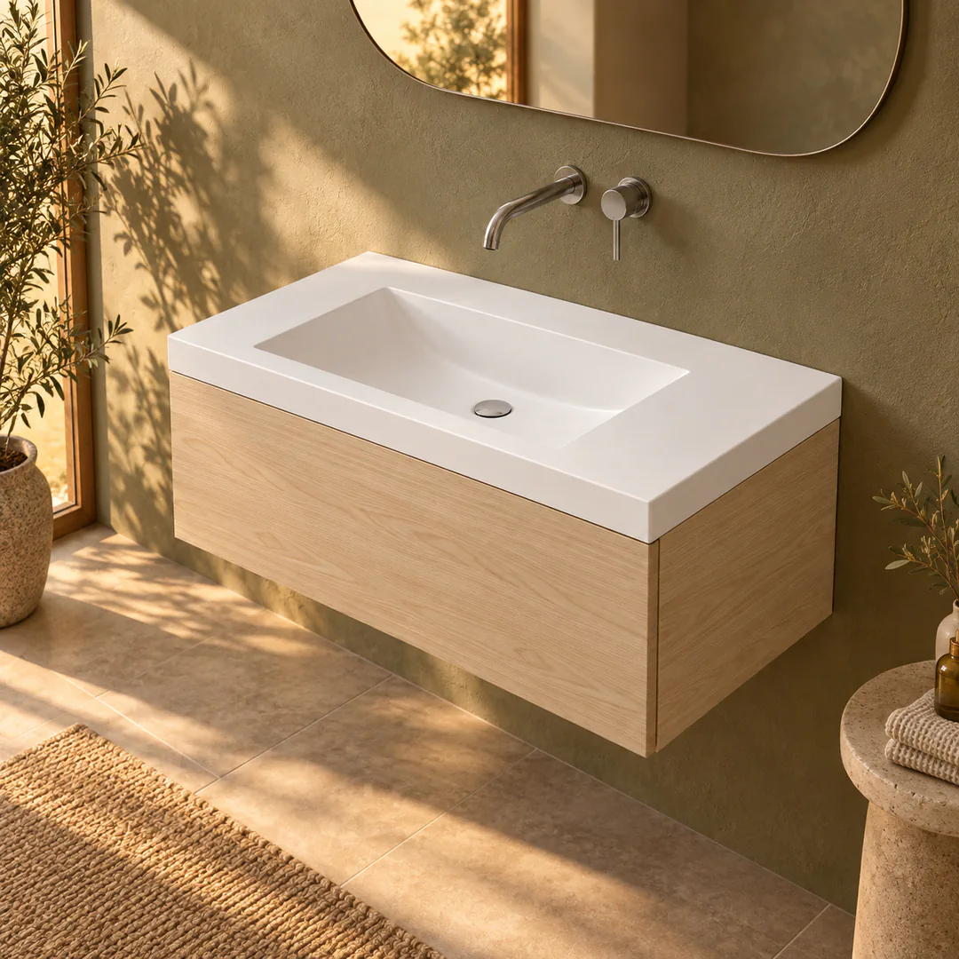 Lavabo consolle in Mineralguss / Tekno – Arbi Olly 96 – Mineralmarmo Bianco – Senza foro rubinetto - Ambientata
