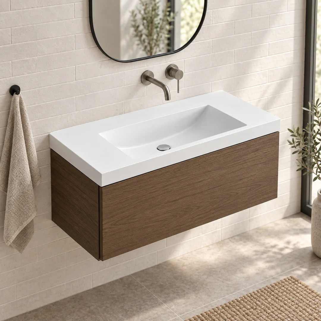 Lavabo consolle in Mineralguss / Tekno – Arbi Olly 96 – Bianco – Senza foro rubinetto - Ambientata