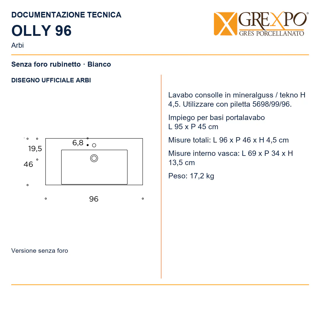 Lavabo consolle in Mineralguss / Tekno – Arbi Olly 96 – Bianco – Senza foro rubinetto - Disegno tecnico ARBI