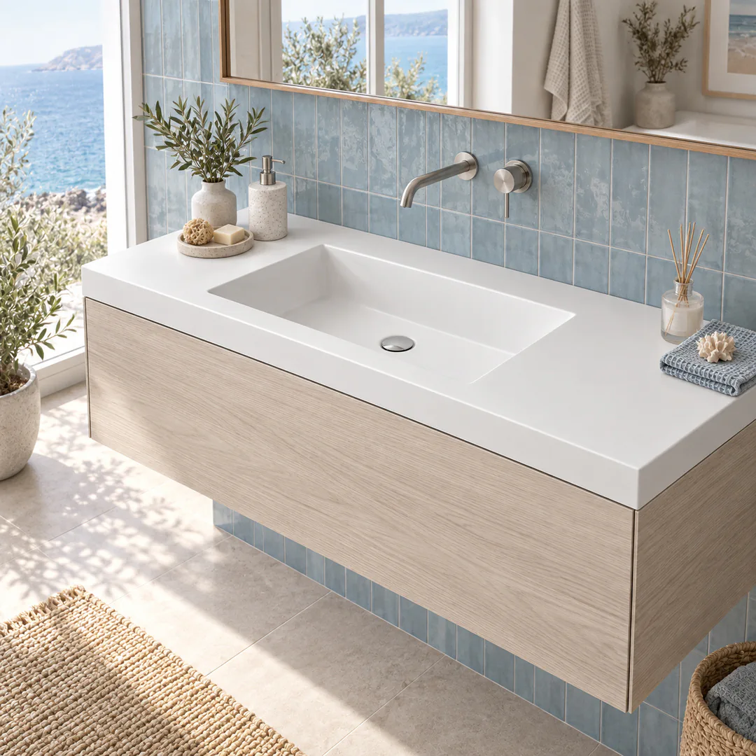Lavabo consolle in Mineralguss – Arbi Olly 106 – Mineralmarmo Bianco – Senza foro rubinetto - Ambientata