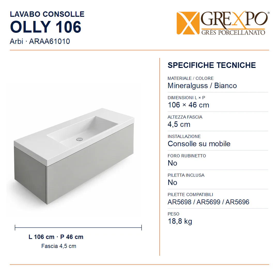 Lavabo consolle in Mineralguss – Arbi Olly 106 – Mineralmarmo Bianco – Senza foro rubinetto - Misure
