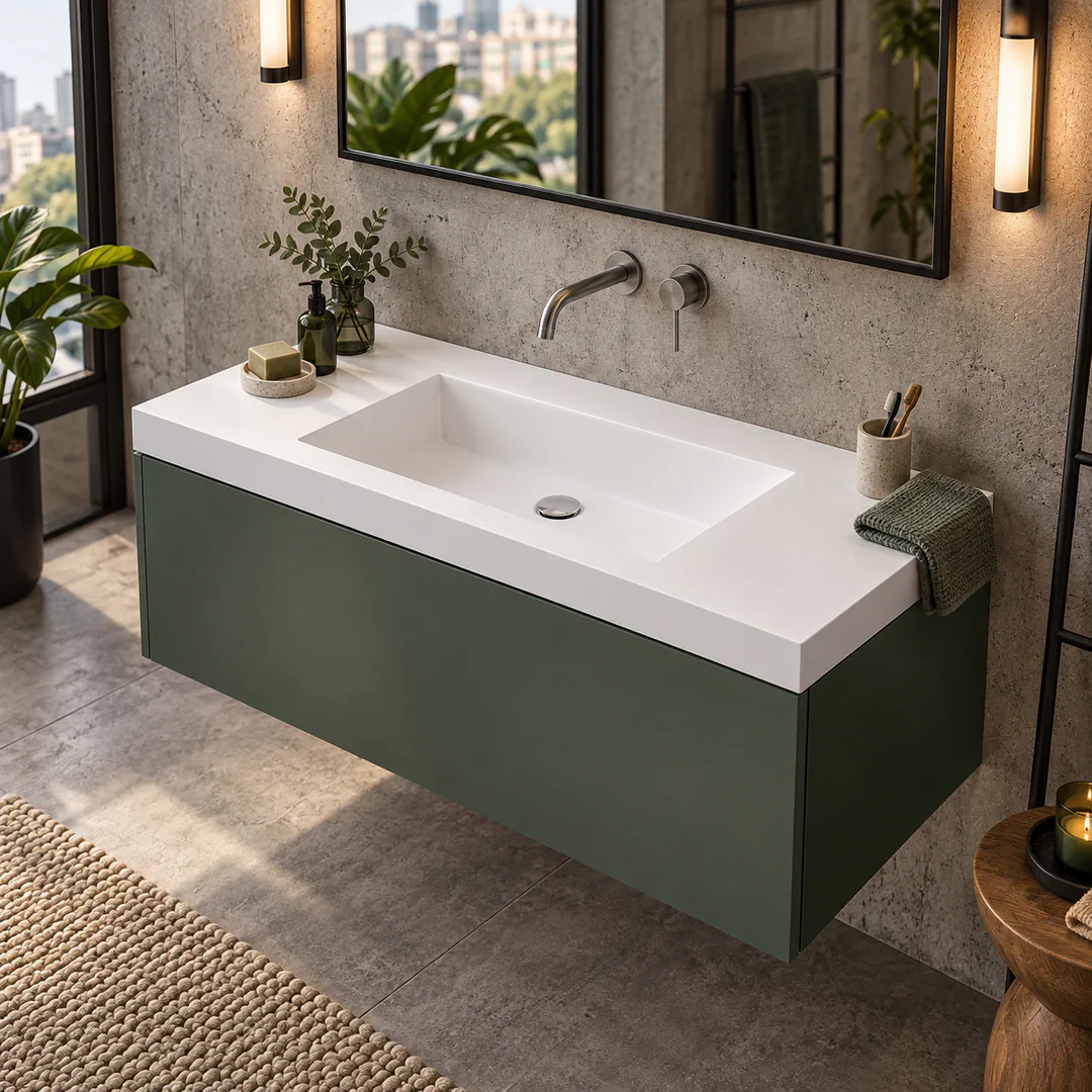 Lavabo consolle in Mineralguss – Arbi Olly 106 – Bianco – Senza foro rubinetto - Ambientata