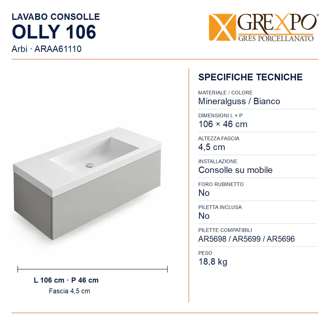 Lavabo consolle in Mineralguss – Arbi Olly 106 – Bianco – Senza foro rubinetto - Misure