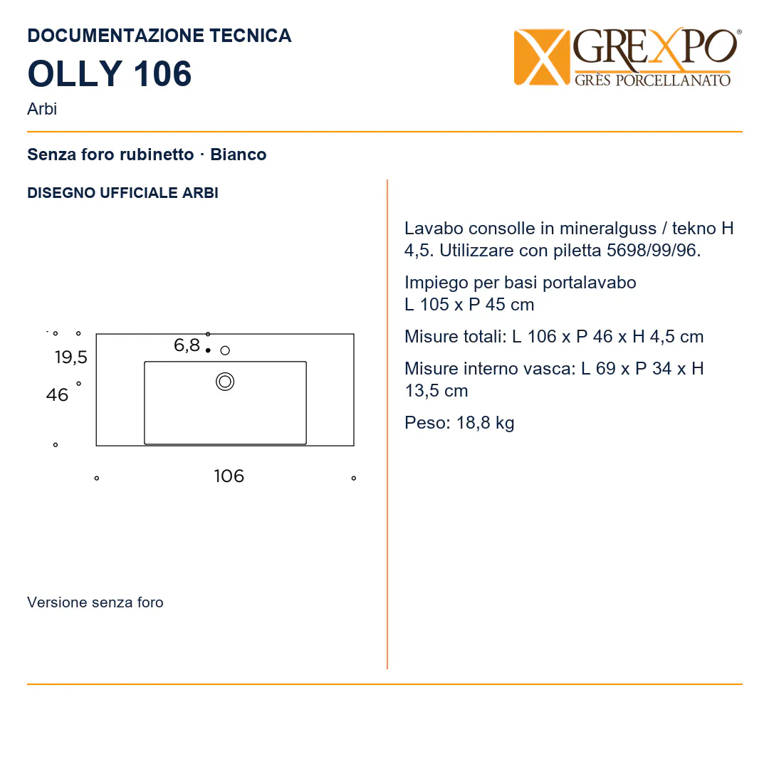 Lavabo consolle in Mineralguss – Arbi Olly 106 – Bianco – Senza foro rubinetto - Disegno tecnico ARBI