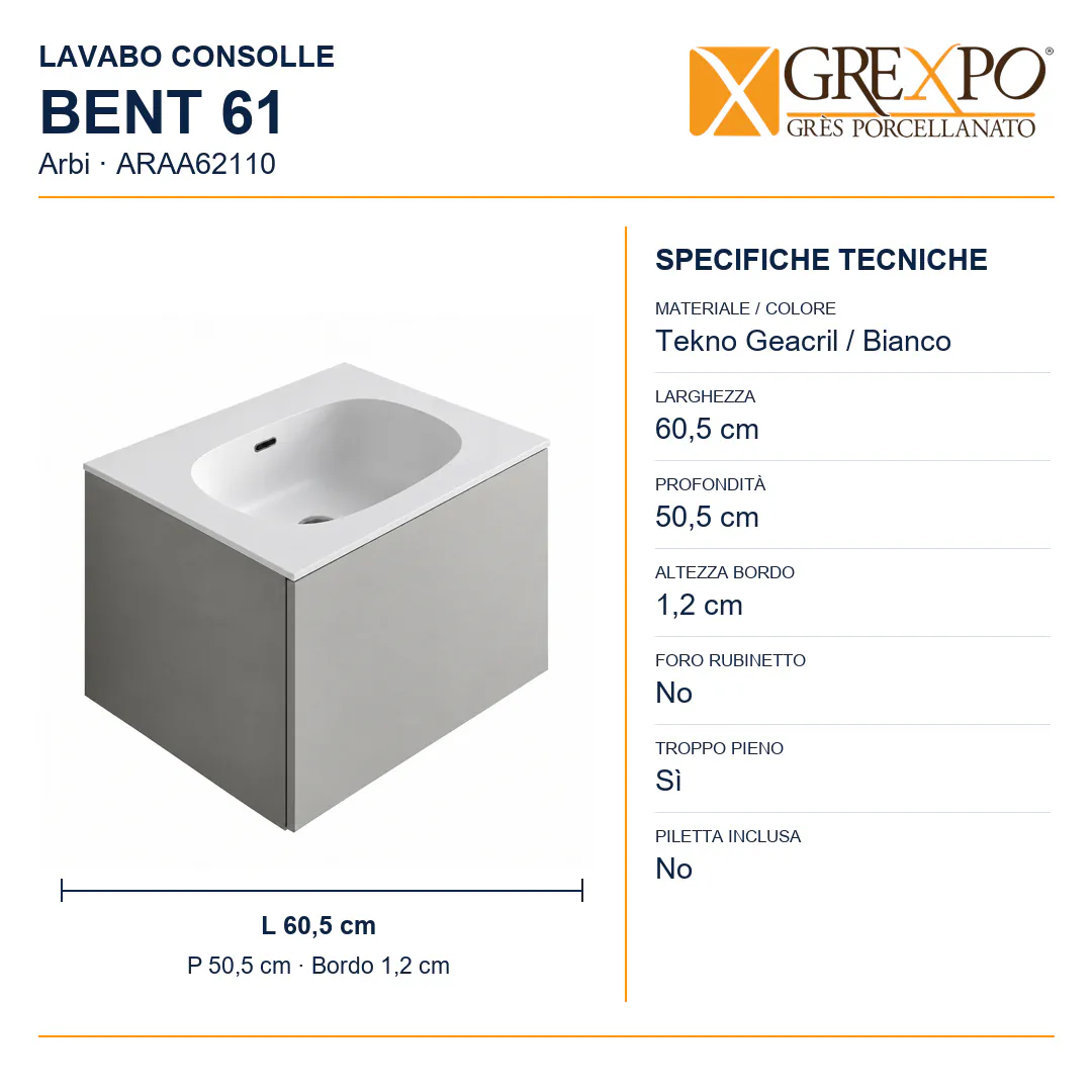 Lavabo consolle in Tekno – Arbi Bent 61 – Bianco – Senza foro rubinetto - Misure