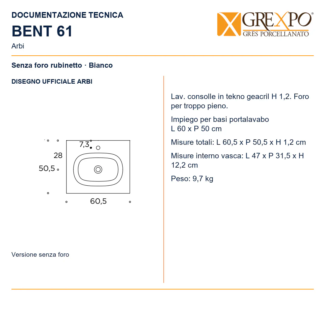 Lavabo consolle in Tekno – Arbi Bent 61 – Bianco – Senza foro rubinetto - Disegno tecnico ARBI