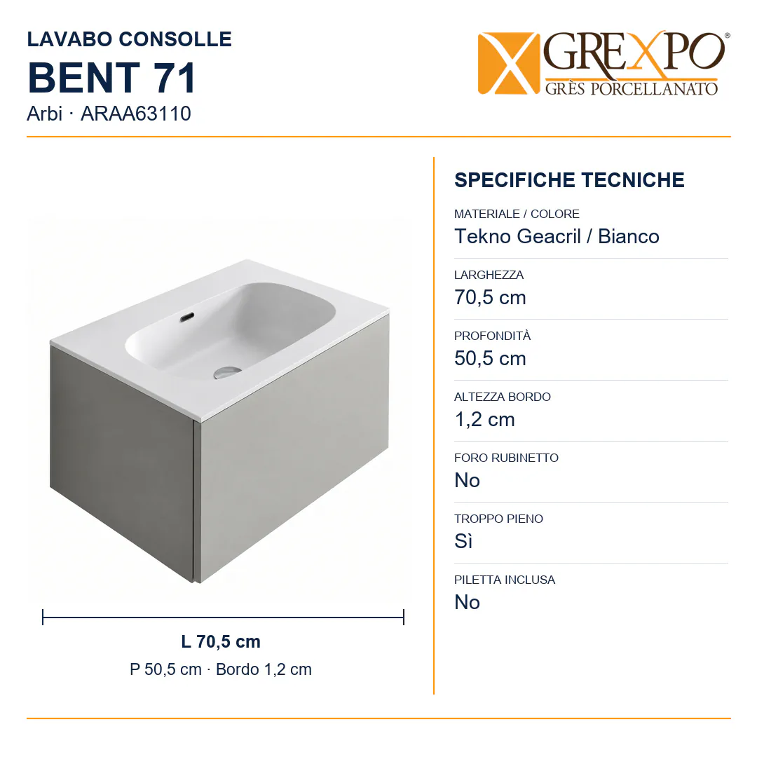 Lavabo consolle in Tekno – Arbi Bent 71 – Bianco – Senza foro rubinetto - Misure