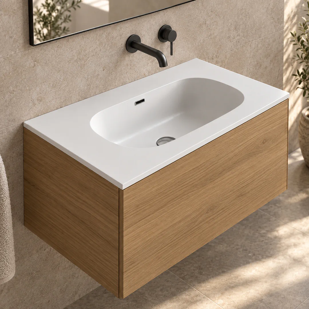 Lavabo consolle in Tekno – Arbi Bent 86 – Bianco – Senza foro rubinetto - Ambientata