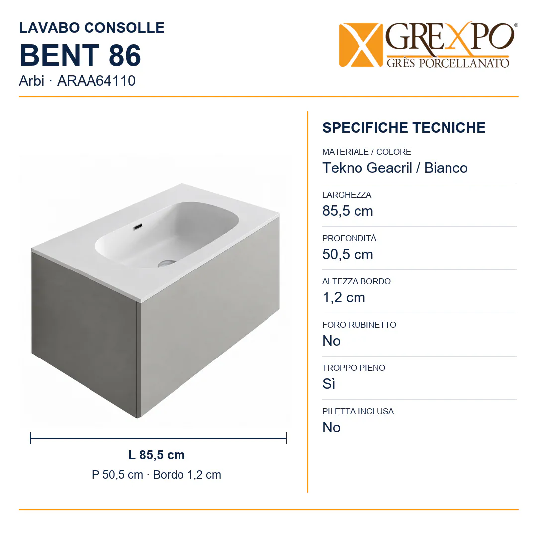 Lavabo consolle in Tekno – Arbi Bent 86 – Bianco – Senza foro rubinetto - Misure