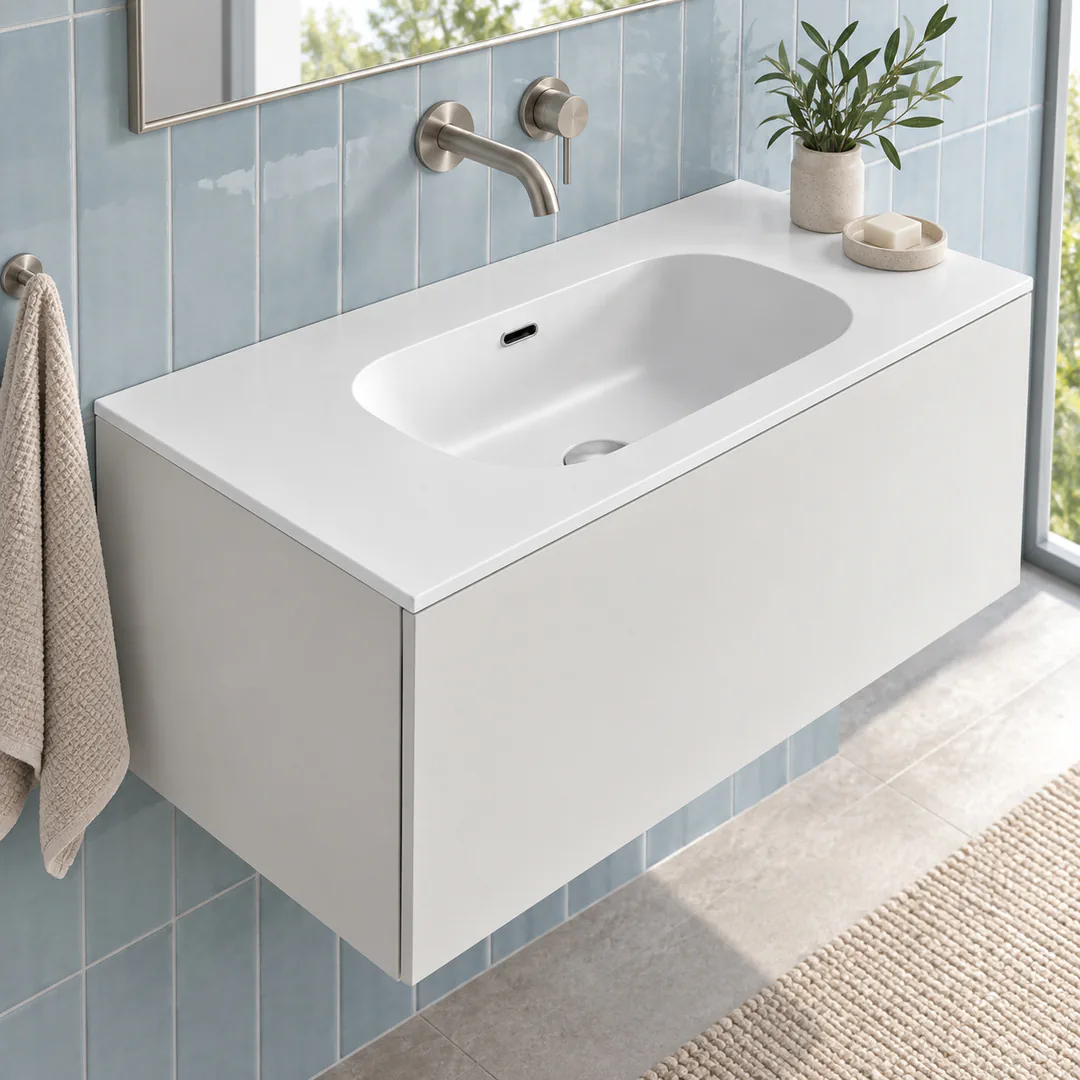 Lavabo consolle in Tekno – Arbi Bent 96 – Bianco – Senza foro rubinetto - Ambientata