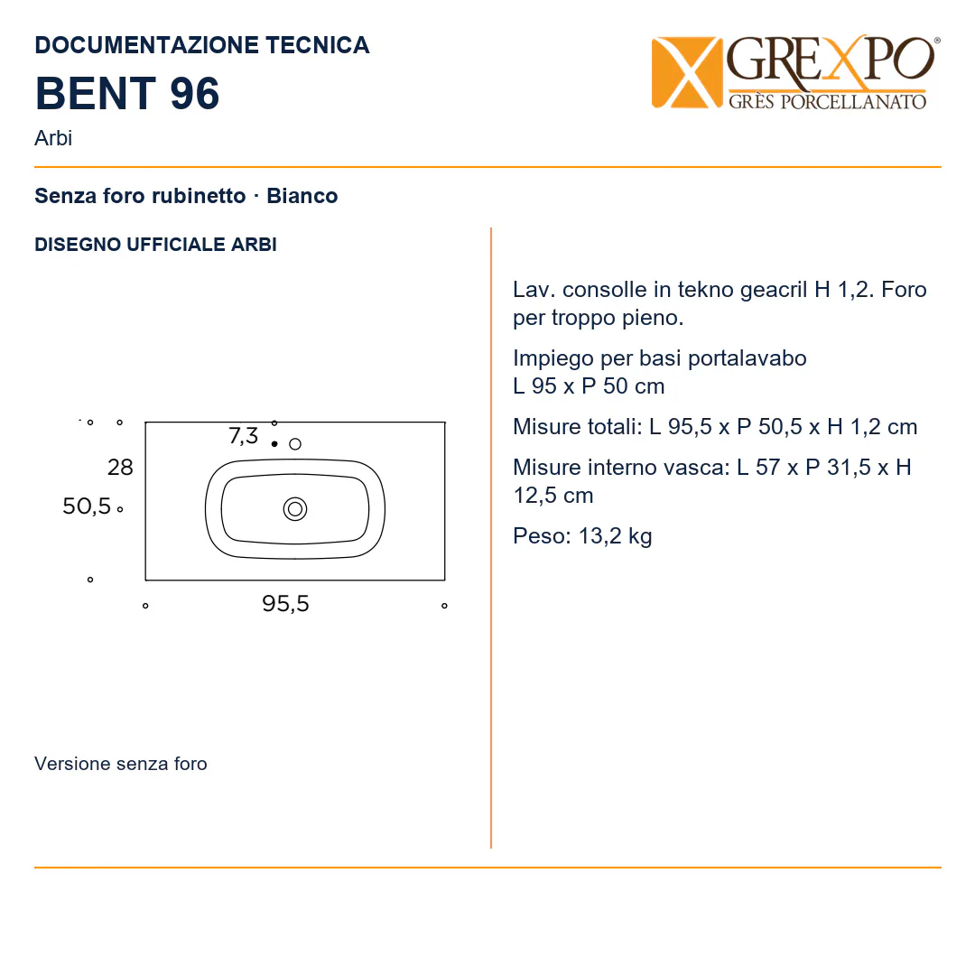 Lavabo consolle in Tekno – Arbi Bent 96 – Bianco – Senza foro rubinetto - Disegno tecnico ARBI