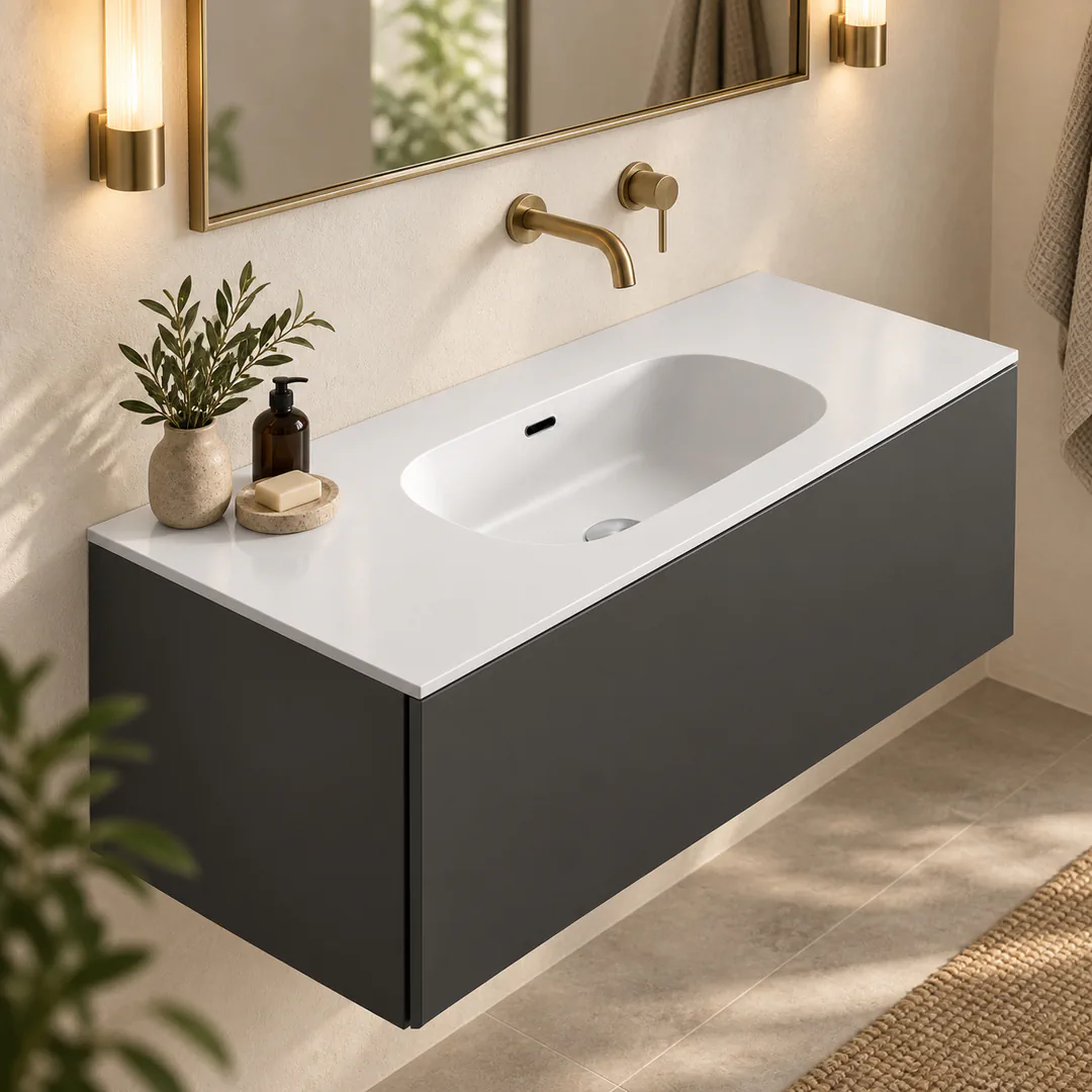 Lavabo consolle in Tekno – Arbi Bent 106 – Bianco – Senza foro rubinetto - Ambientata