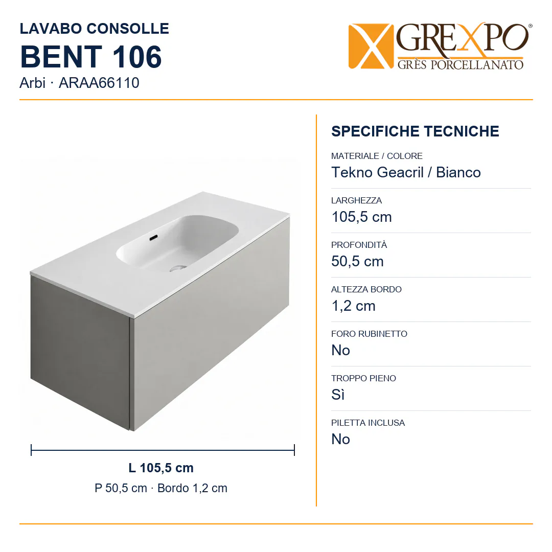 Lavabo consolle in Tekno – Arbi Bent 106 – Bianco – Senza foro rubinetto - Misure