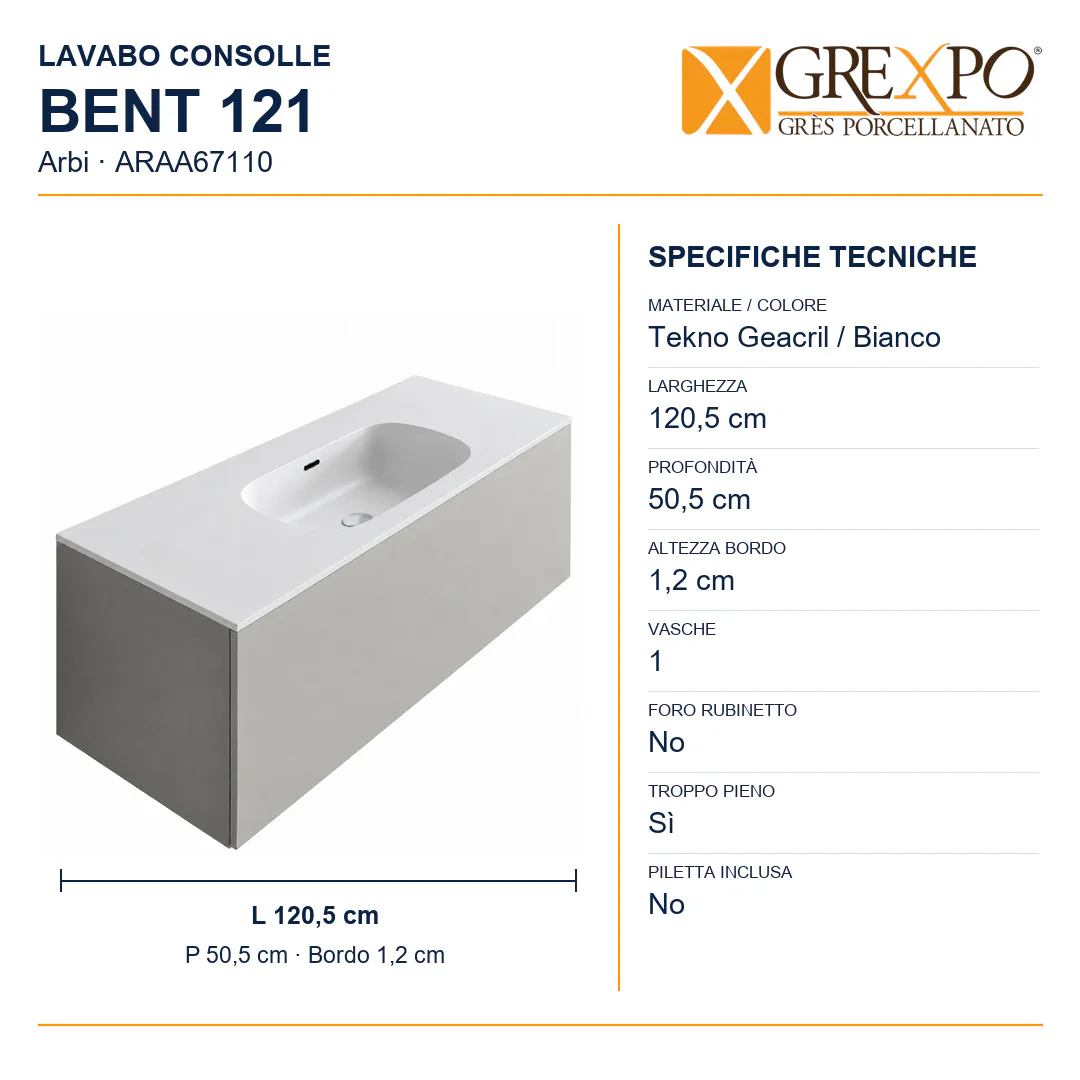 Lavabo consolle in Tekno – Arbi Bent 121 – Bianco – Senza foro rubinetto - Misure