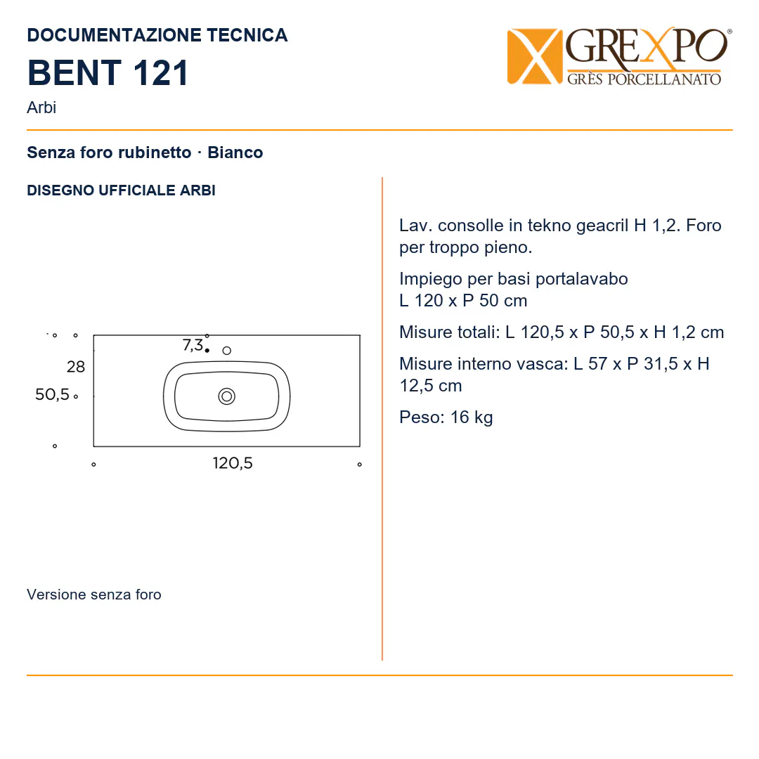 Lavabo consolle in Tekno – Arbi Bent 121 – Bianco – Senza foro rubinetto - Disegno tecnico ARBI