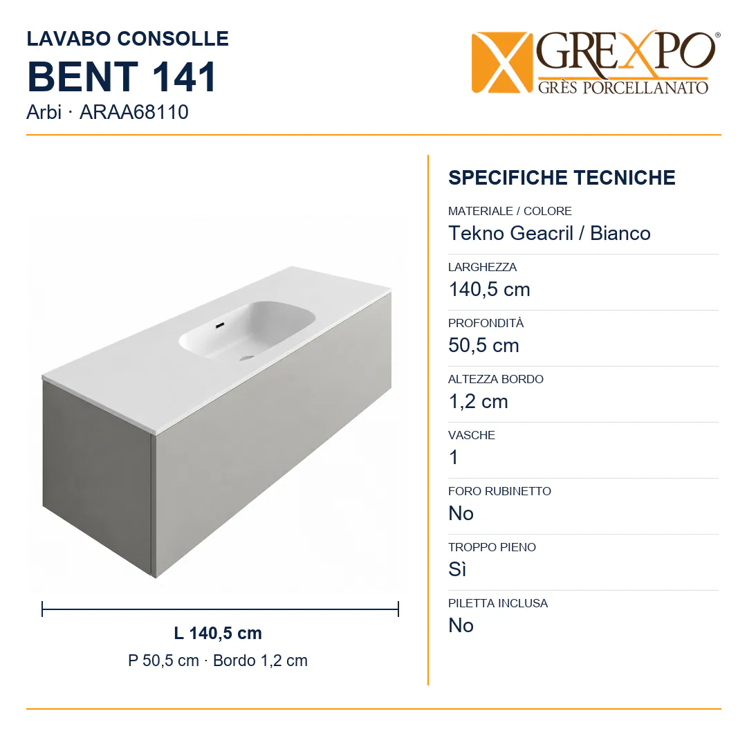 Lavabo consolle in Tekno – Arbi Bent 141 – Bianco – Senza foro rubinetto - Misure