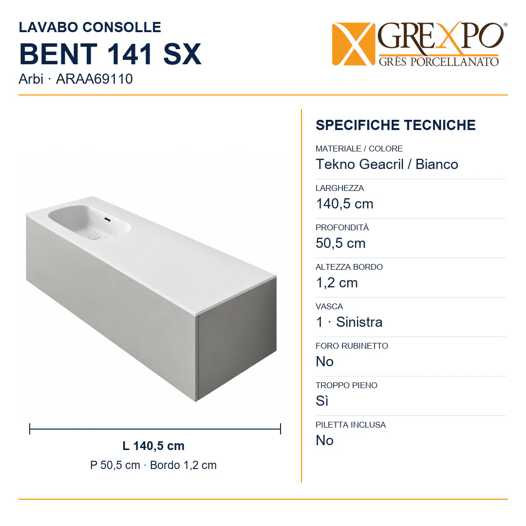 Lavabo consolle in Tekno – Arbi Bent 141 SX – Bianco – Senza foro rubinetto - Misure