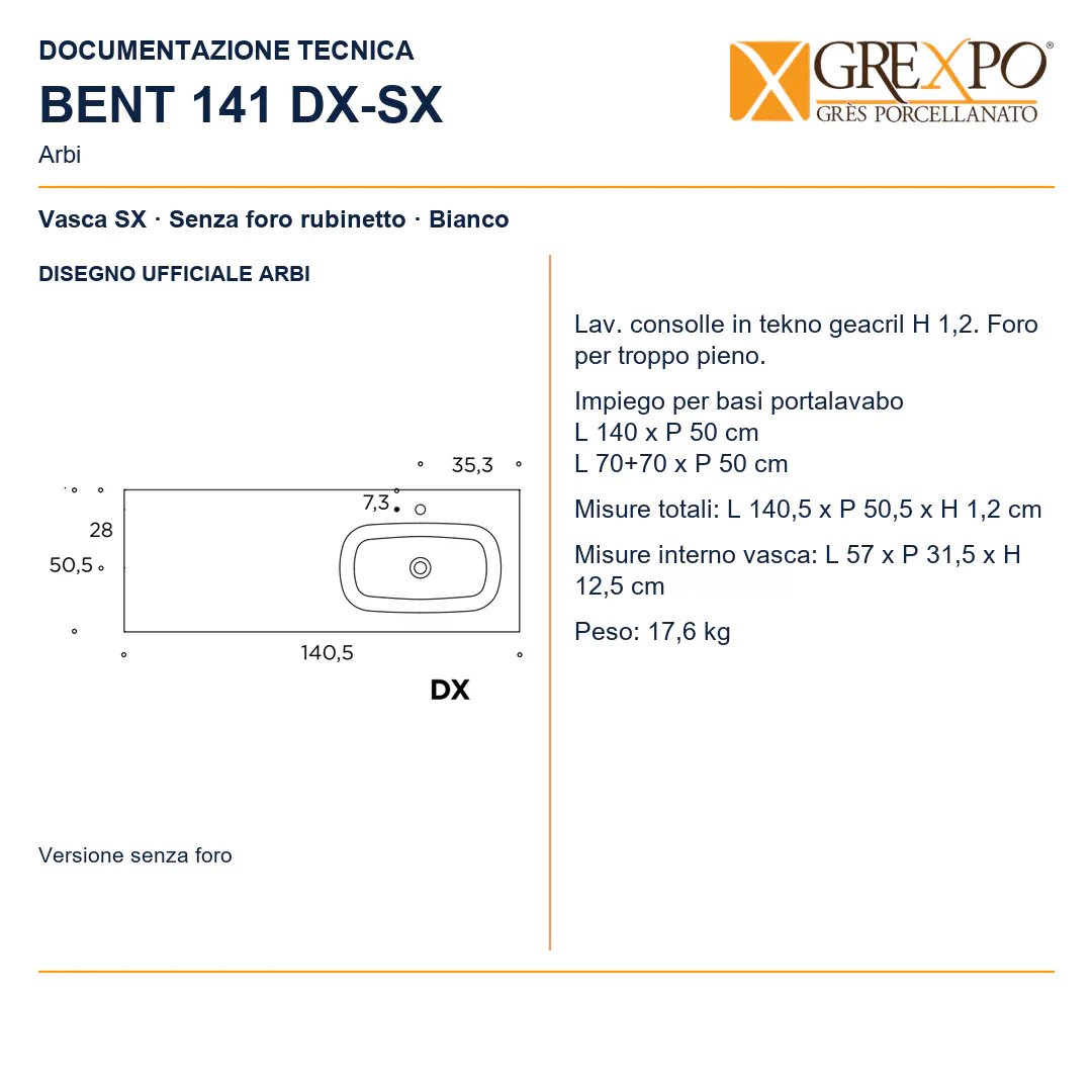 Lavabo consolle in Tekno – Arbi Bent 141 SX – Bianco – Senza foro rubinetto - Disegno tecnico ARBI