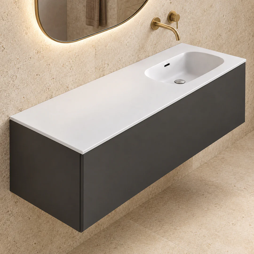 Lavabo consolle in Tekno – Arbi Bent 141 DX – Bianco – Senza foro rubinetto - Ambientata