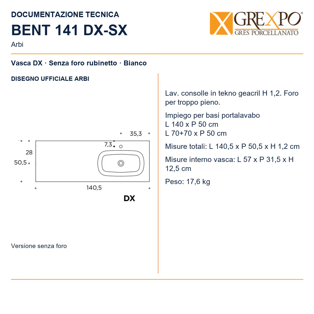 Lavabo consolle in Tekno – Arbi Bent 141 DX – Bianco – Senza foro rubinetto - Disegno tecnico ARBI