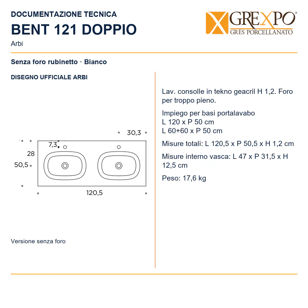 Lavabo consolle in Tekno – Arbi Bent 121 Doppio – Bianco – Senza foro rubinetto - Disegno tecnico ARBI
