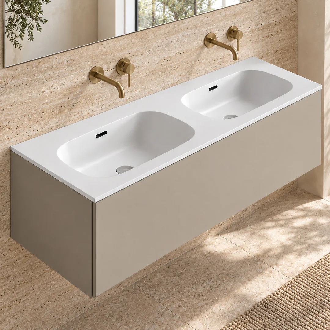 Lavabo consolle in Tekno – Arbi Bent 141 Doppio – Bianco – Senza foro rubinetto - Ambientata