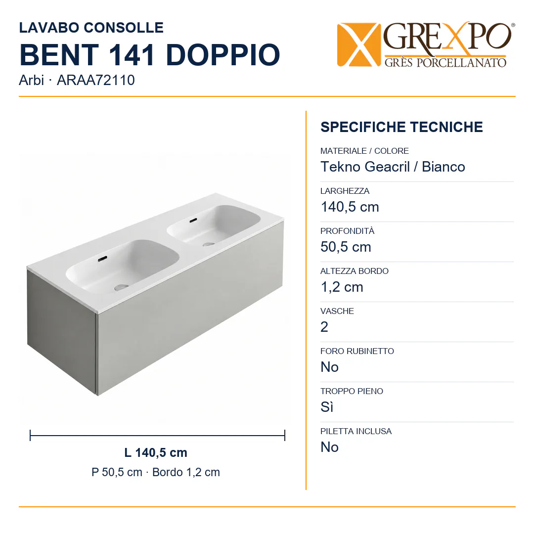 Lavabo consolle in Tekno – Arbi Bent 141 Doppio – Bianco – Senza foro rubinetto - Misure