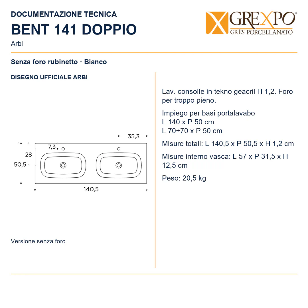 Lavabo consolle in Tekno – Arbi Bent 141 Doppio – Bianco – Senza foro rubinetto - Disegno tecnico ARBI