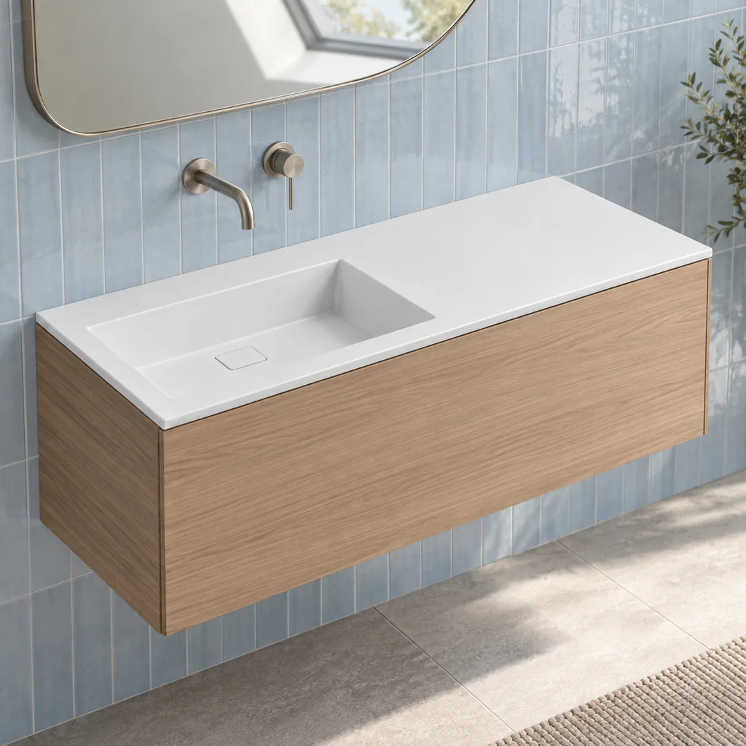 Lavabo consolle in Tekno – Arbi Juno 141 SX – Bianco – Senza foro rubinetto - Ambientata