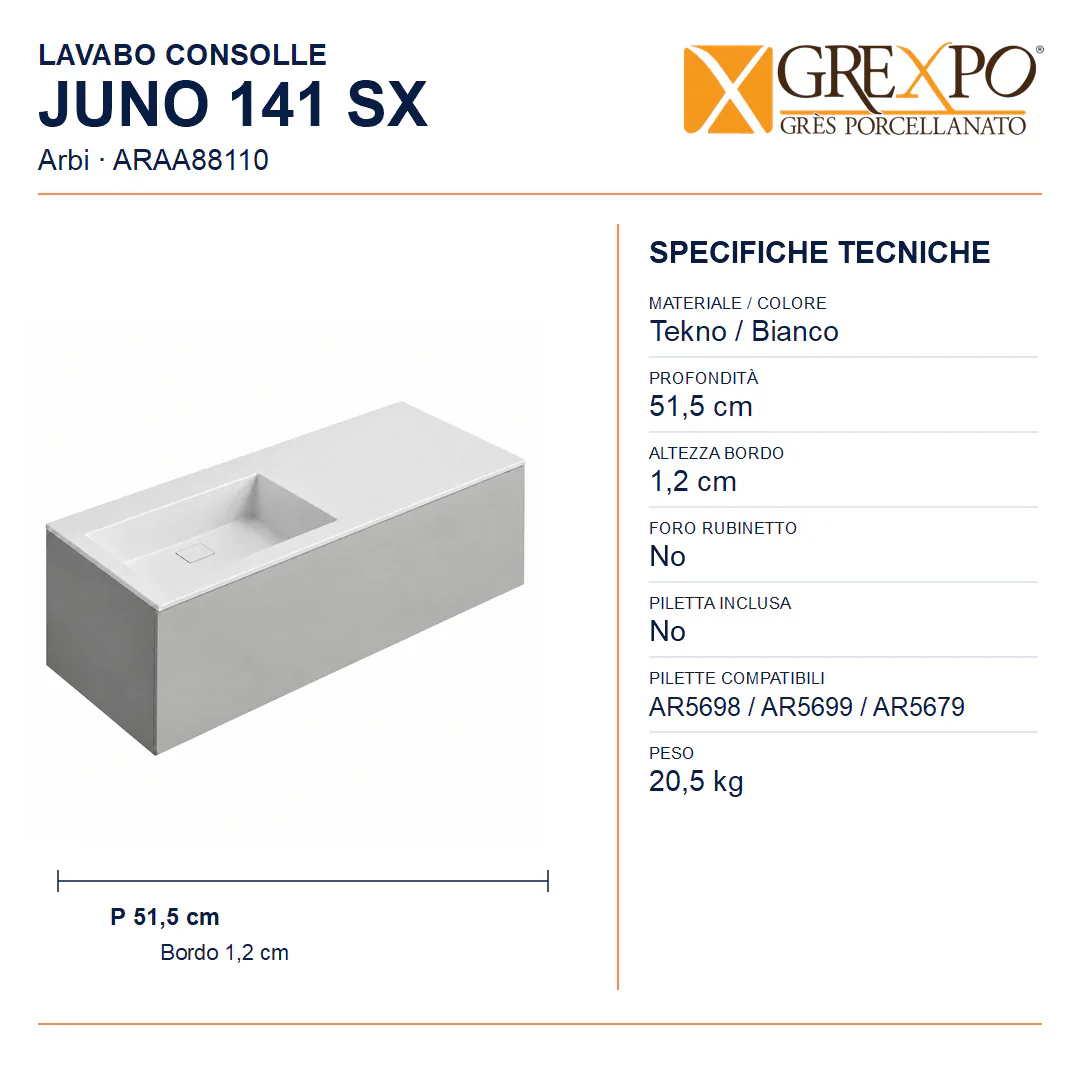 Lavabo consolle in Tekno – Arbi Juno 141 SX – Bianco – Senza foro rubinetto - Misure