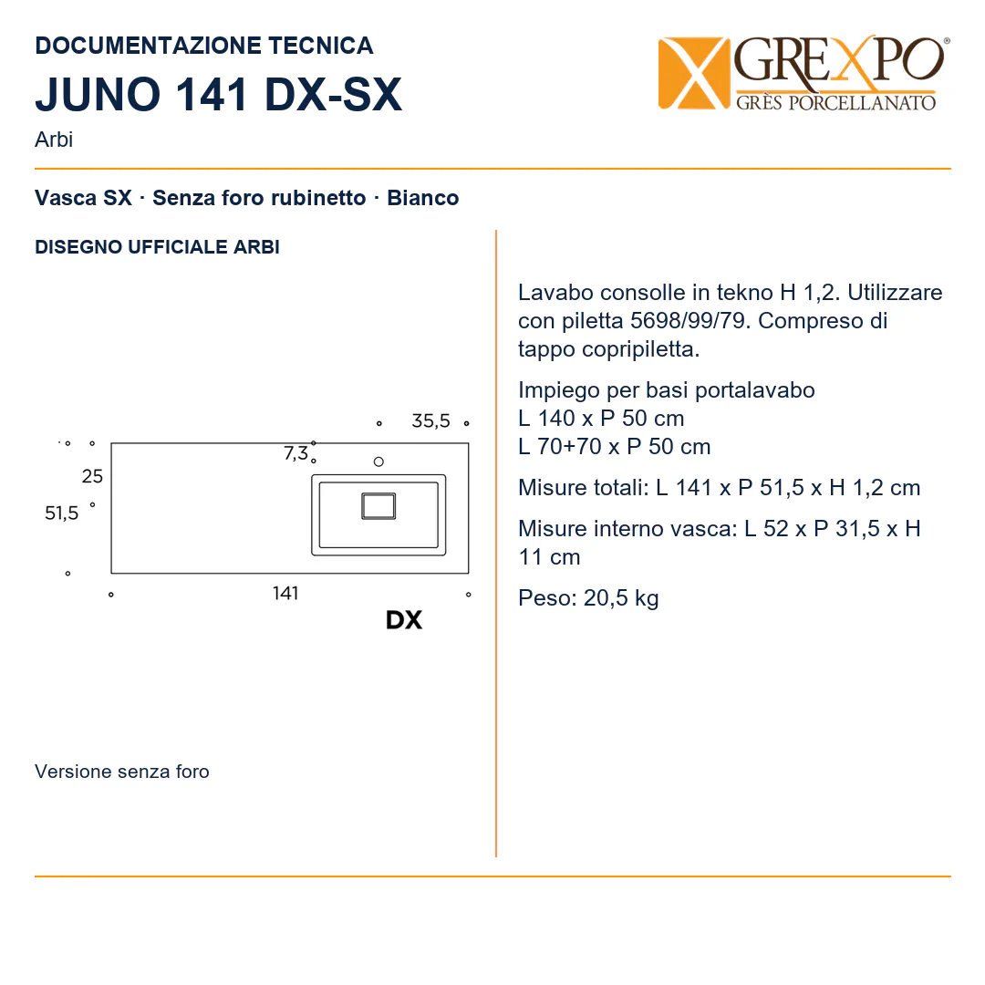 Lavabo consolle in Tekno – Arbi Juno 141 SX – Bianco – Senza foro rubinetto - Disegno tecnico ARBI