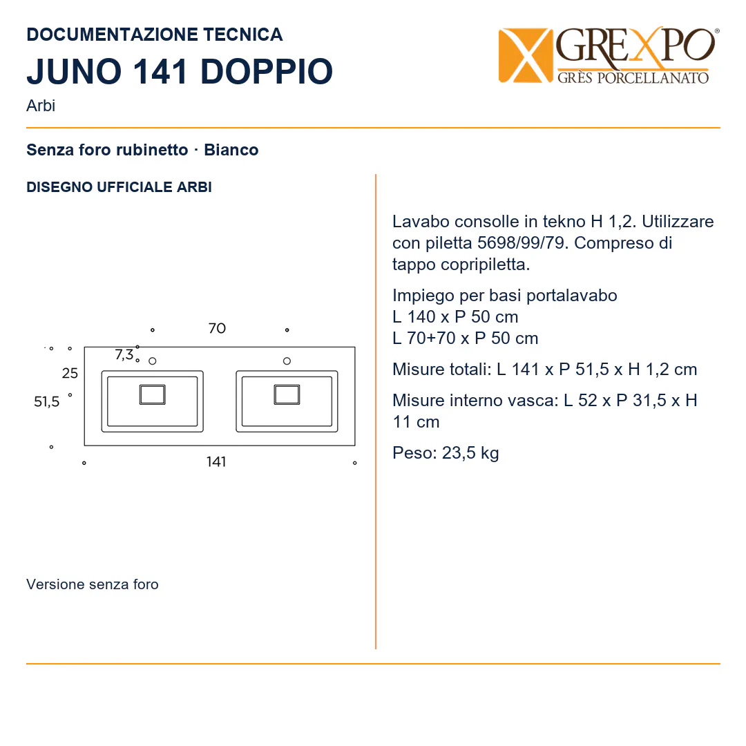 Lavabo consolle in Tekno – Arbi Juno 141 Doppio – Bianco – Senza foro rubinetto - Disegno tecnico ARBI
