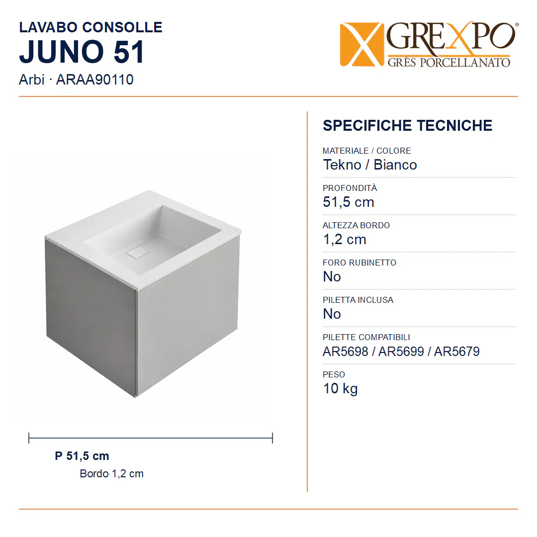 Lavabo consolle in Tekno – Arbi Juno 51 – Bianco – Senza foro rubinetto - Misure