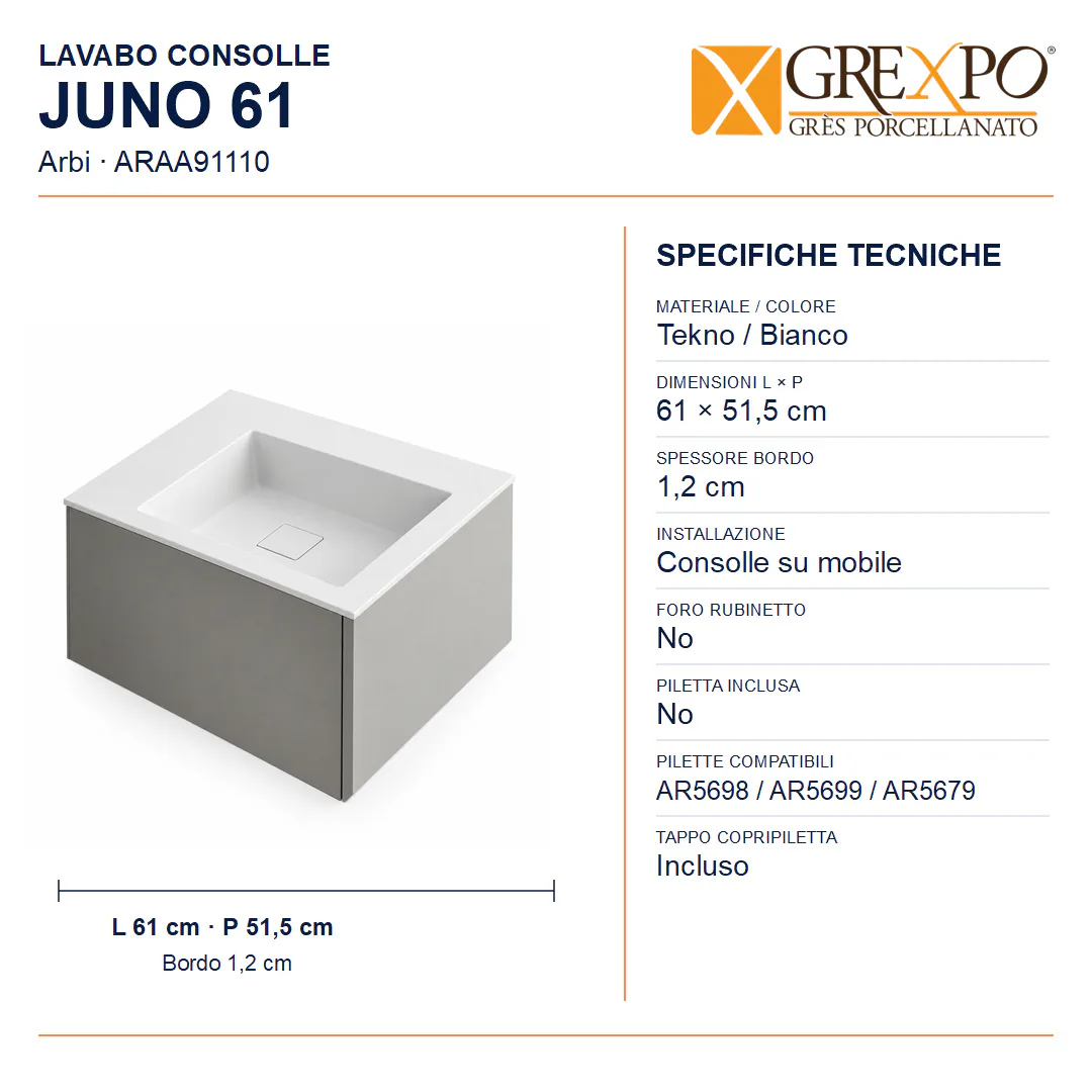 Lavabo consolle in Tekno – Arbi Juno 61 – Bianco – Senza foro rubinetto - Misure
