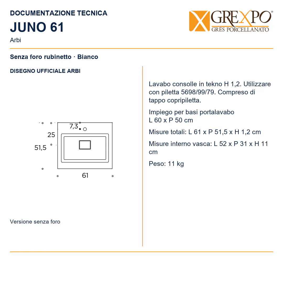 Lavabo consolle in Tekno – Arbi Juno 61 – Bianco – Senza foro rubinetto - Disegno tecnico ARBI
