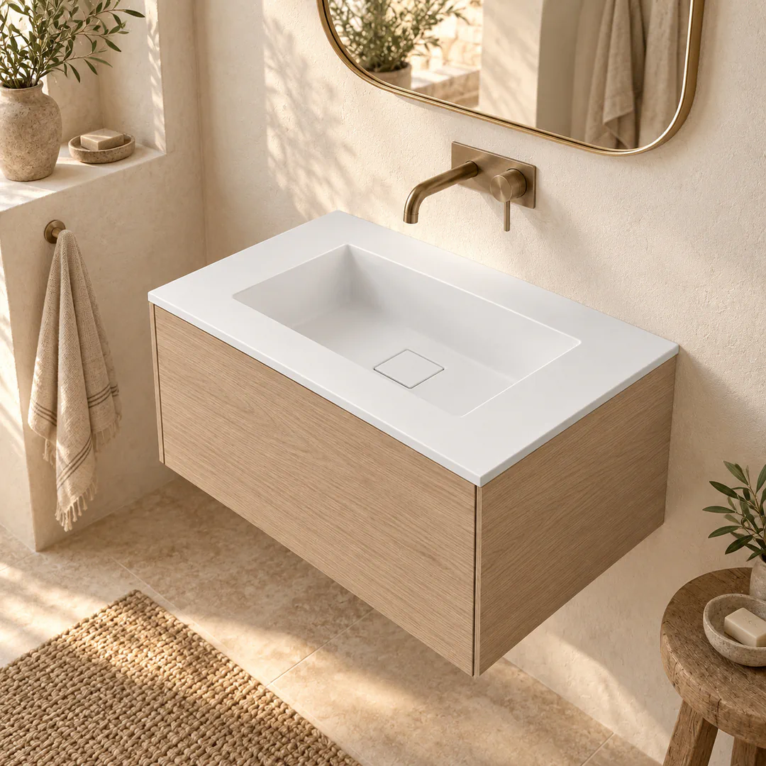 Lavabo consolle in Tekno – Arbi Juno 71 – Bianco – Senza foro rubinetto - Ambientata