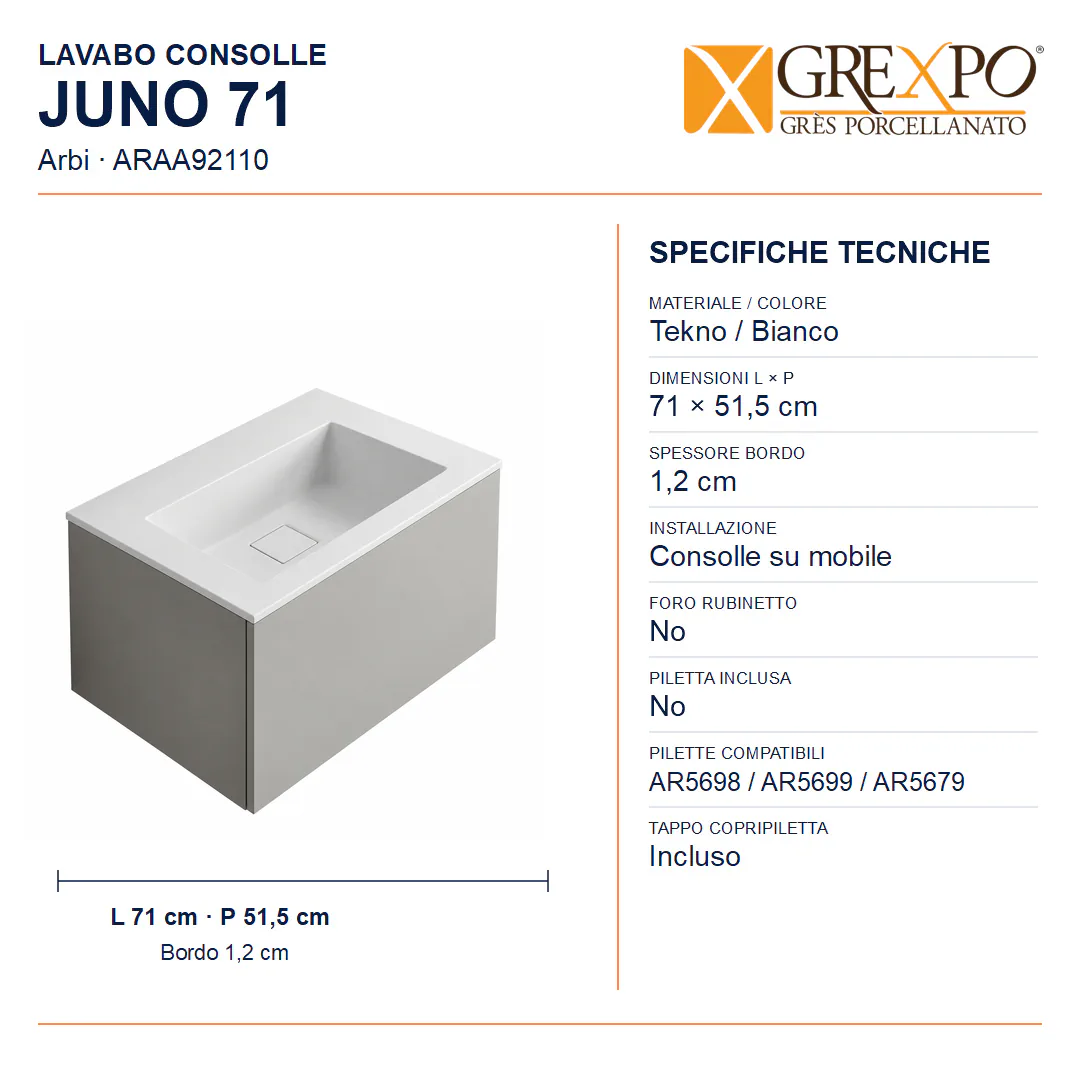 Lavabo consolle in Tekno – Arbi Juno 71 – Bianco – Senza foro rubinetto - Misure