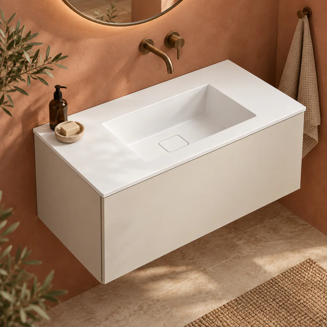 Lavabo consolle in Tekno – Arbi Juno 86 – Bianco – Senza foro rubinetto - Ambientata
