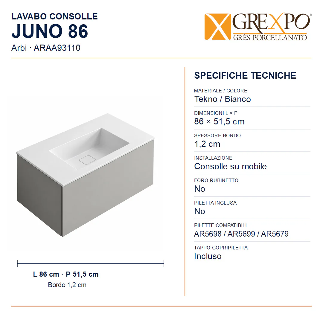 Lavabo consolle in Tekno – Arbi Juno 86 – Bianco – Senza foro rubinetto - Misure