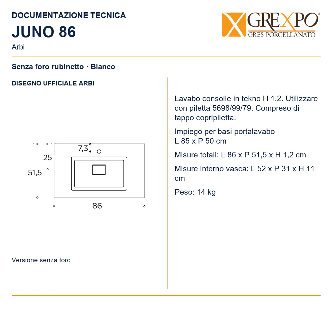 Lavabo consolle in Tekno – Arbi Juno 86 – Bianco – Senza foro rubinetto - Disegno tecnico ARBI