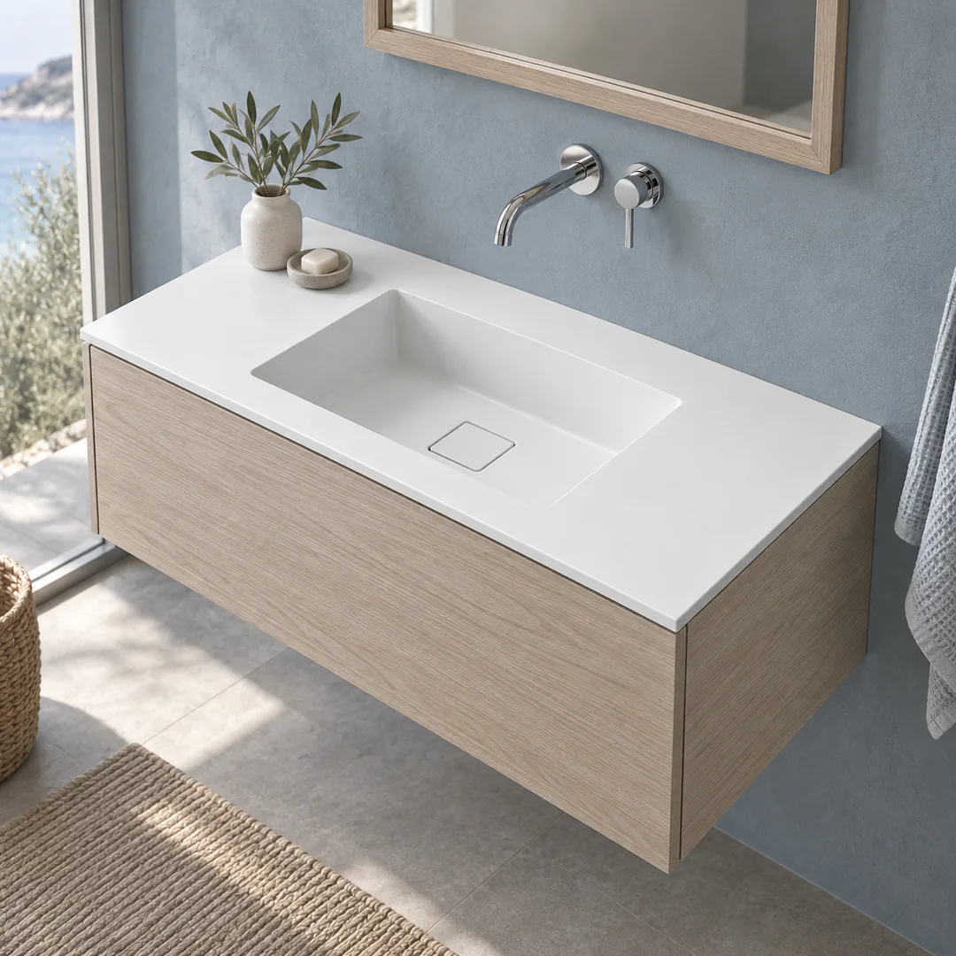 Lavabo consolle in Tekno – Arbi Juno 96 – Bianco – Senza foro rubinetto - Ambientata