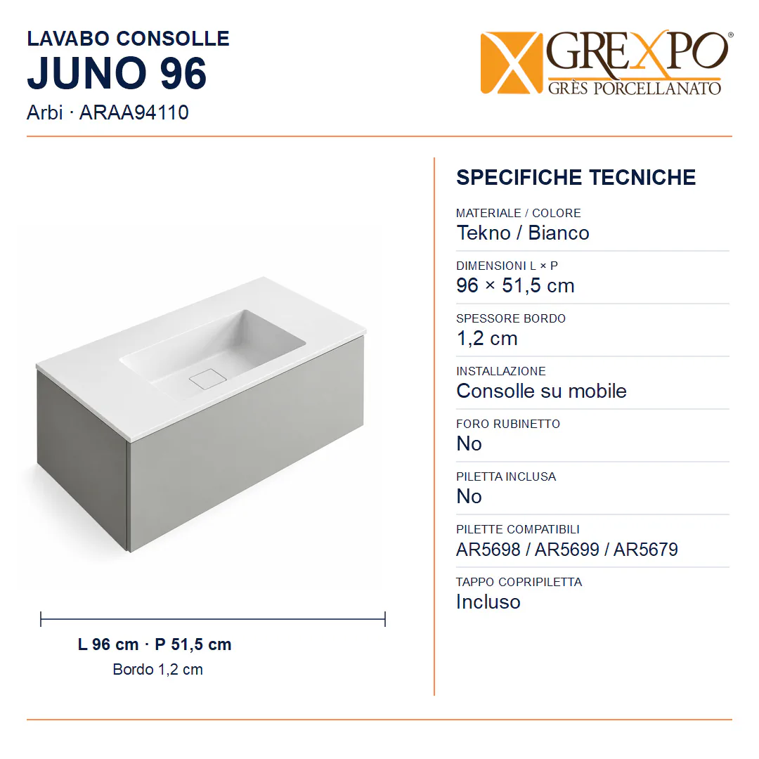 Lavabo consolle in Tekno – Arbi Juno 96 – Bianco – Senza foro rubinetto - Misure