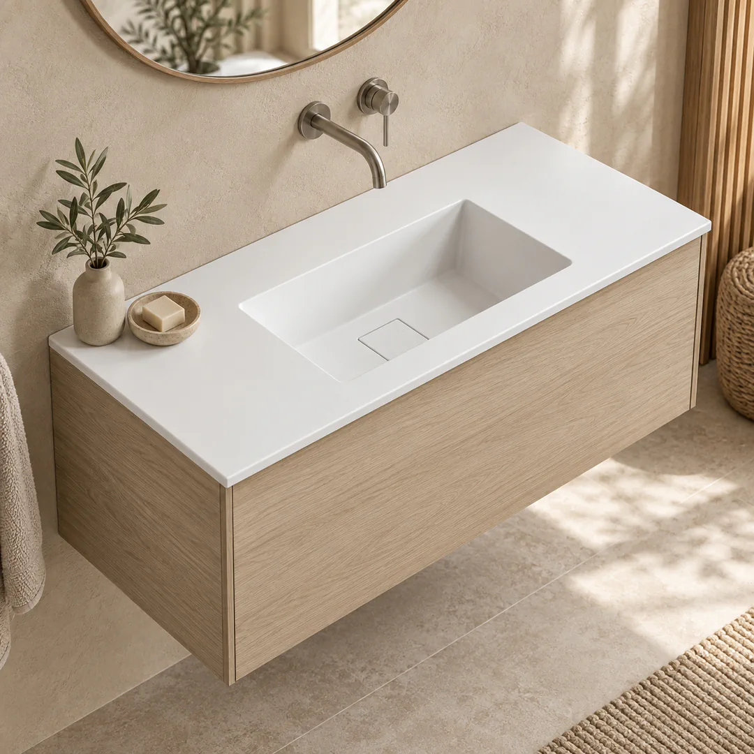 Lavabo consolle in Tekno – Arbi Juno 106 – Bianco – Senza foro rubinetto - Ambientata