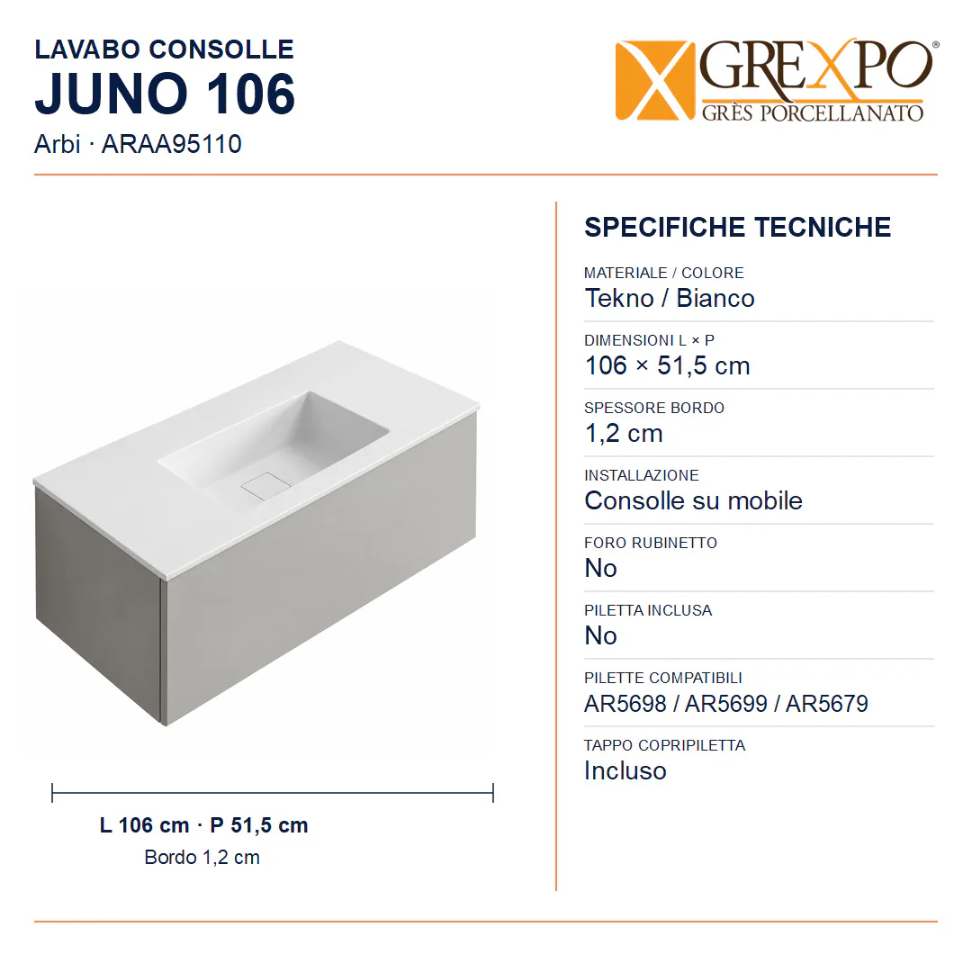 Lavabo consolle in Tekno – Arbi Juno 106 – Bianco – Senza foro rubinetto - Misure